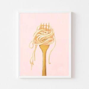 May include: A gold fork with a large amount of spaghetti wrapped around it. The fork is against a light pink background.