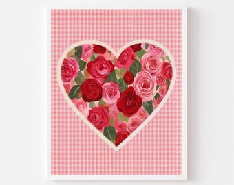 Blommigt hjärta med alla hjärtans dag-konsttryck: Väggdekoration med gingham och rosor (digital nedladdning)