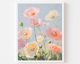 Pastel Poppies Art Print: Blue Sky Floral Landscape (Digital Download)