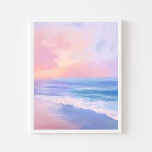 Pintura de atardecer en el océano en colores pastel / Paisaje marino costero rosa imprimible / Impresión de arte de pared de casa de playa femenina / Descarga digital de costa de verano para habitación de niños