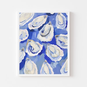 Blue Oyster Shell Painting | Abstract Coastal Beach House Wall Art | Dining Room Printable Digital Download | Summer Seafood Kitchen Print