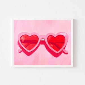 Pink Heart Sunglasses Painting | Valentine&#39;s Day Wall Art Print | Red Girl&#39;s Room Digital Download | Pastel Galentine&#39;s Glasses Printable