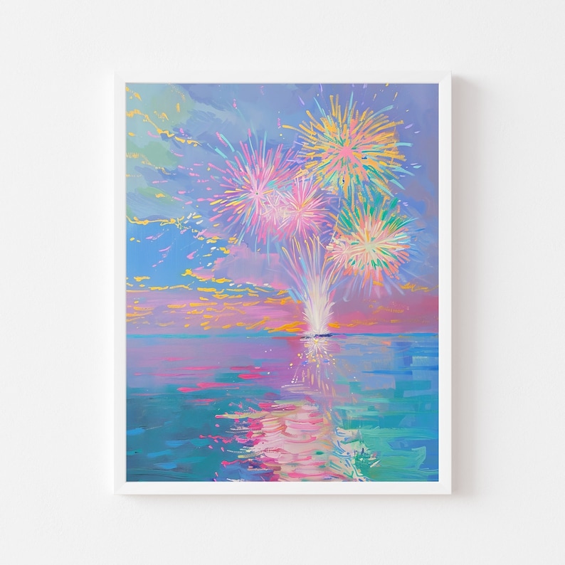 May include: A painting of fireworks exploding over a body of water at sunset. The sky is a soft purple and blue, with clouds in the background. The water is a turquoise blue, reflecting the colors of the fireworks.