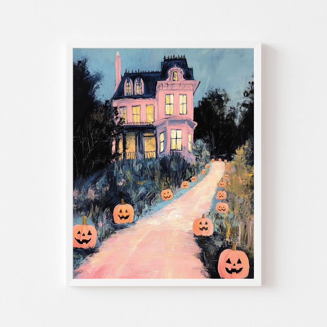 Pink Haunted House and Pumpkins Painting | Girly Halloween Printable | Girl's Room Hocus Pocus Wall Art Print | Spooky Cute Digital Download