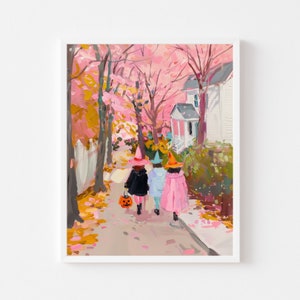 3 人の女の子のトリック オア トリートの絵画 | ピンクのハロウィン魔女の壁アート プリント | 女の子の部屋の秋の印刷物 | 不気味でかわいいデジタル ダウンロード