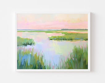 Colorful Wetlands Sunset Painting | Coastal Marsh Landscape Wall Art Print | Pastel Beach House Printable | Summer Sunset Digital Download
