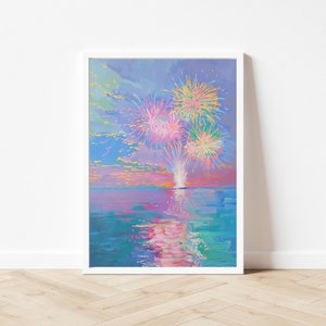 May include: A painting of a colorful fireworks display over a body of water. The fireworks are pink, yellow, and green, and they are reflected in the water. The sky is a light blue and purple, and there are clouds in the background.