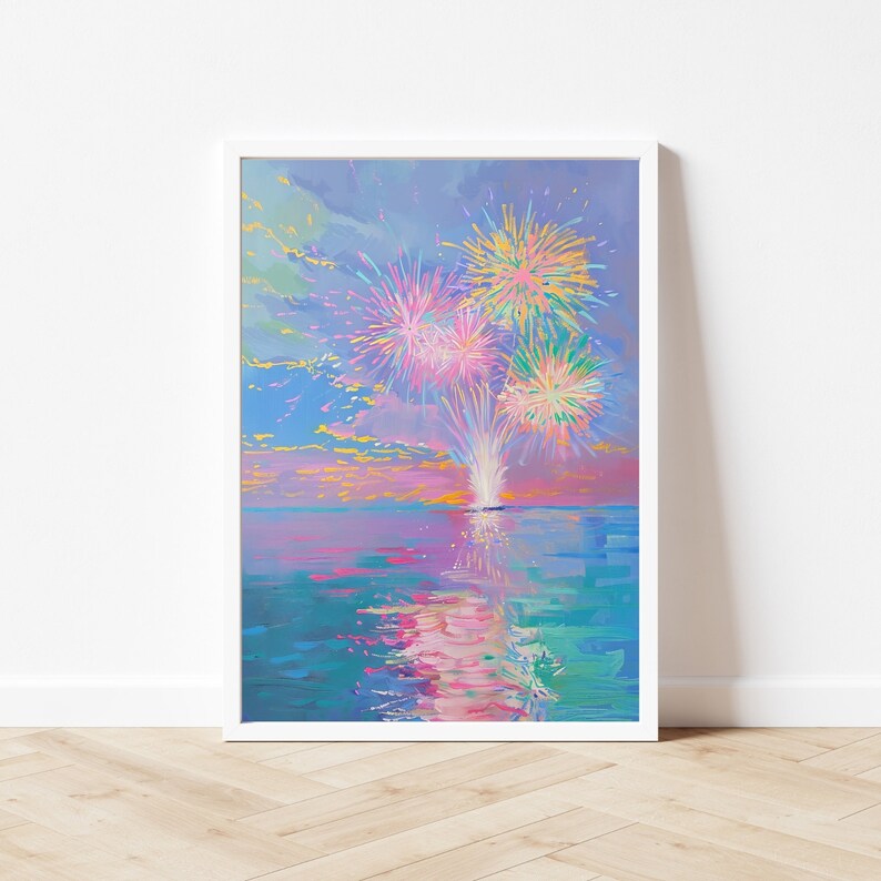 May include: A painting of a colorful fireworks display over a body of water. The fireworks are pink, yellow, and green, and they are reflected in the water. The sky is a light blue and purple, and there are clouds in the background.