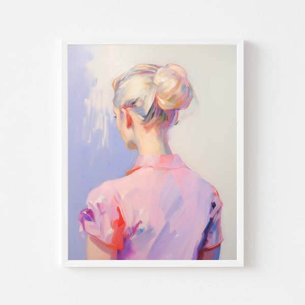 Retro Blonde Woman Painting | Back of Head Wall Art Print | Girl Bun Portrait | Colorful Pastel Vintage Printable | Modern Girly Watercolor