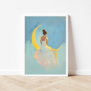 Frau auf dem Mond Gemälde | Magischer Halbmond Wand Kunst Druck | Wunderlich gleichaltrige Mädchen Digital Download | Himmlische druckbare Poster