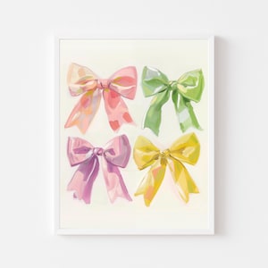 Könnte beinhalten: Vier gemalte Schleifen in verschiedenen Farben: rosa, grün, lila und gelb. Die Schleifen sind in einem quadratischen Muster auf weißem Hintergrund angeordnet.