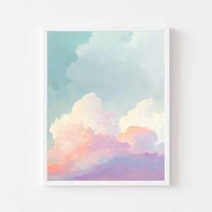Pode incluir: Uma pintura de um céu rosa pastel e roxo com nuvens brancas e fofas. O céu é azul claro e as nuvens são macias e esvoaçantes.