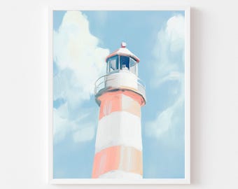 Coral Striped Lighthouse Print: Coastal Beach House Art (Digital Download)