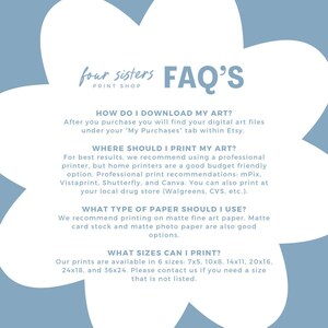 May include: A blue and white graphic with the text "four sisters PRINT SHOP FAQ'S" and information about downloading, printing, and sizing digital art prints.