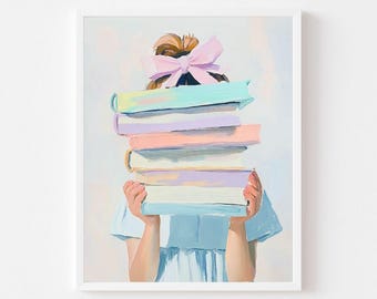 Pastel Girl Reading Nook Art Print: Watercolor Books (Digital Download)