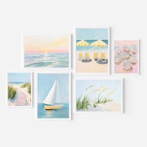 Set di stampe murali Coastal Gallery: stampe di spiagge rosa e gialle (download digitale)
