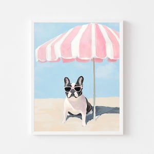 Cuadro de bulldog francés con gafas de sol / Impresión artística de pared para amantes de los perros en la casa de playa / Descarga digital de cachorro pastel / Póster imprimible de mascota costera