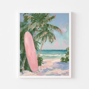 Pink Surfboard Palm Tree Painting | Beach House Wall Art Print | Colorful Coastal Summer Printable Decor | Tropical Surfer Digital Download