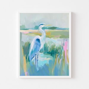 Pintura de garza azul, Impresión de pared de pájaro pastel, Descarga digital de casa de playa costera, Imprimible de marisma de verano colorido, Arte impresionista