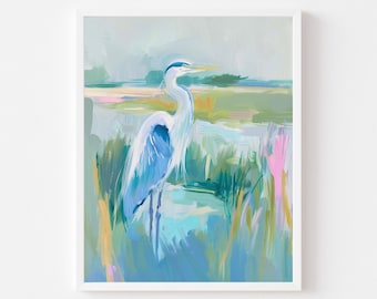 Blue Heron Painting: Coastal Marsh Impressionist Art (Digital Download)