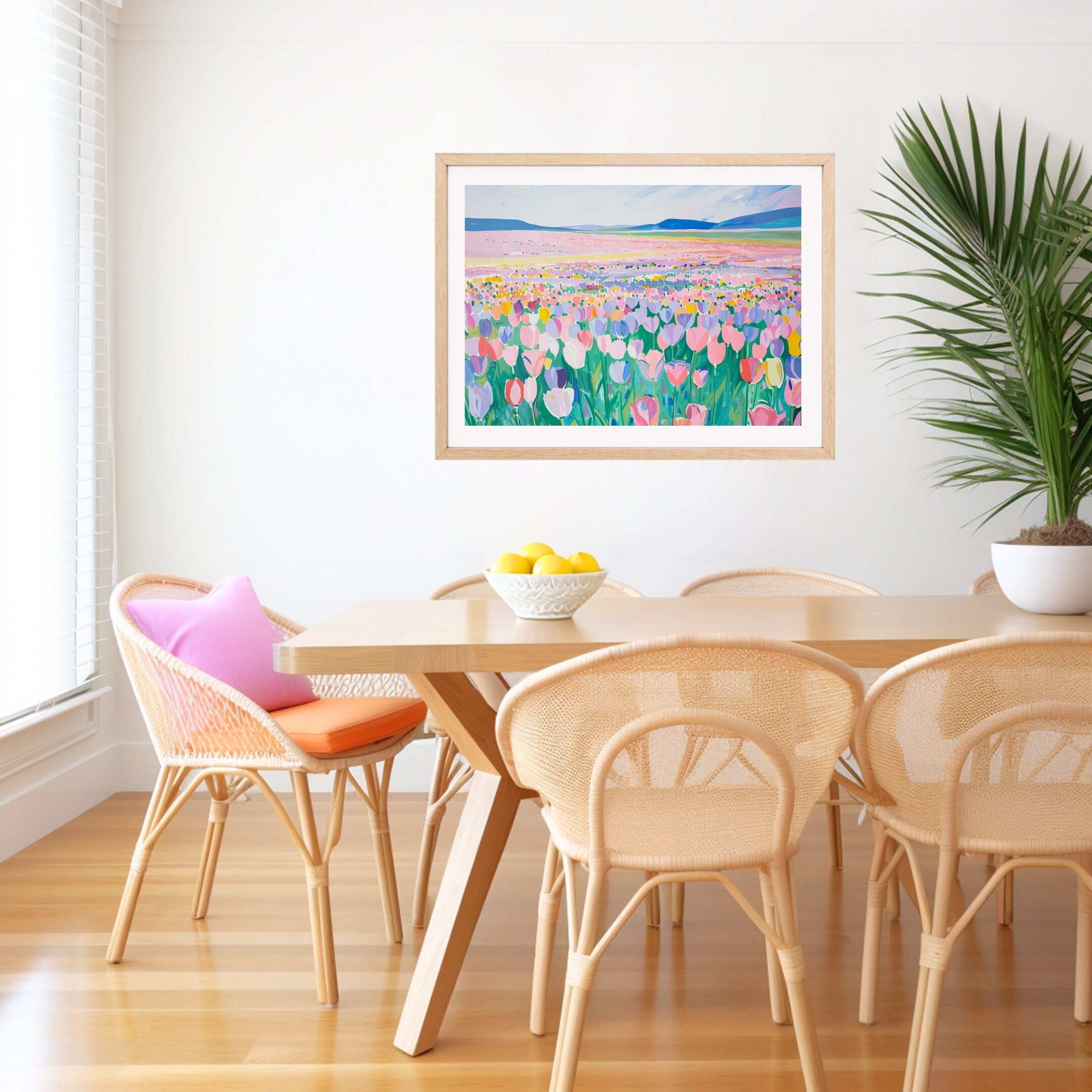 パステル画保田三友紀の作品 チューリップとカラー 。高級額縁付き パステル画によるチューリップ畑の絵画：春の風景画（デジタル