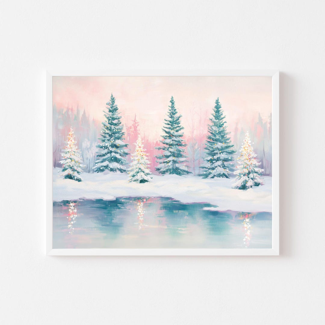 Pink Christmas Tree Landscape Art Print: Pastel Winter Wonderland Lake ...