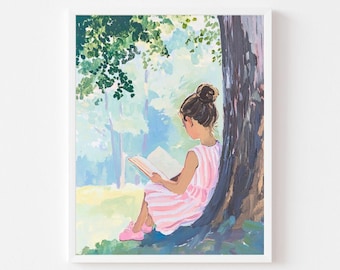 Puede incluir: Una persona joven con un vestido de rayas rosas y blancas se sienta bajo un árbol leyendo un libro. El fondo es una suave acuarela de color verde y azul.