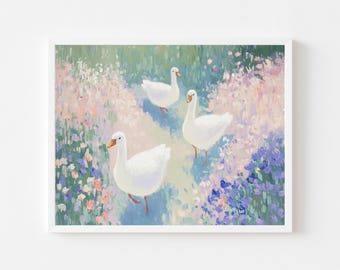 White Geese in Pastel Flowers Art Print: Spring Meadow Painting (Printable Digital Download)