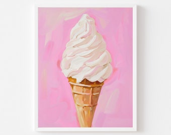 May include: A white soft serve ice cream cone on a pink background. The ice cream is in a waffle cone.
