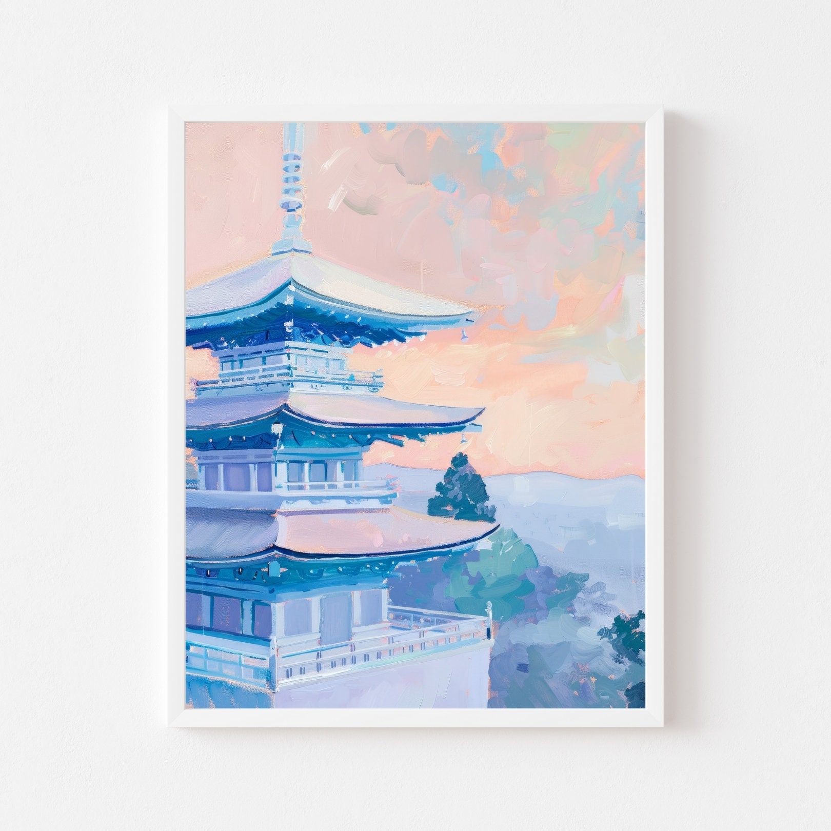 江戸後期　南紀男山呉州青絵蓋付鉢　身約17.5㎝　本Y6-1106タサオ Pastel Pagoda Painting | Blue Japanese Temple Wall Art Print