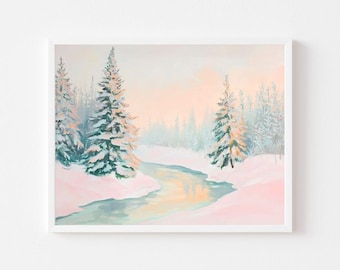 Pink Blue Pastel Winter Forest Print, Snowy Trees Painting