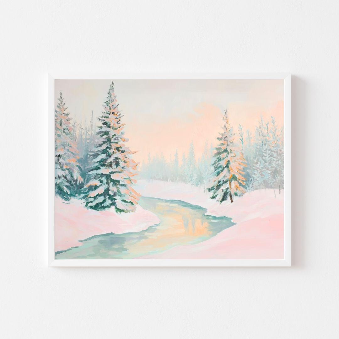 Pastel Winter Forest Print: Pink & Green Snowy Landscape (digital