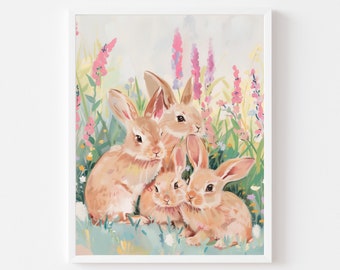 Pastel Bunnies Art Print: Spring Wildflower Nursery Decor (Digital Download)