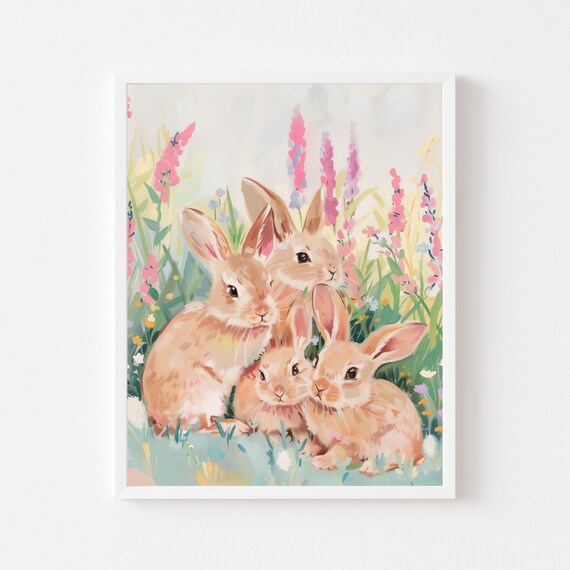 Pastel Bunnies Art Print: Spring Wildflower Nursery Decor (Digital Download)