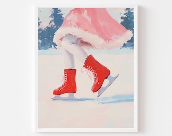 Peut inclure: Une peinture d'une fille portant une robe rose et des patins à glace rouges. Elle patine sur une surface blanche avec un fond bleu.