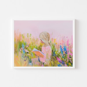 May include: A young person with blonde hair sits in a field of colourful wildflowers, reading a book. The sky is a soft pink.