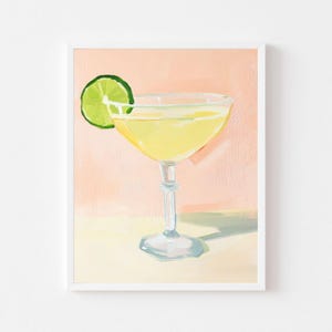 Pastelowa Margarita z Lime Painting | Kolorowy koktajl do wydrukowania | Sztuka ścienna Vintage Bar Cart | Cyfrowe pobieranie Fun College Apartment