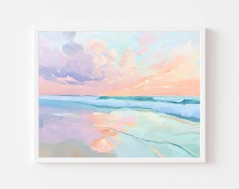 Pintura pastel de atardecer en el océano: Arte playero de estilo chic (Descarga digital)