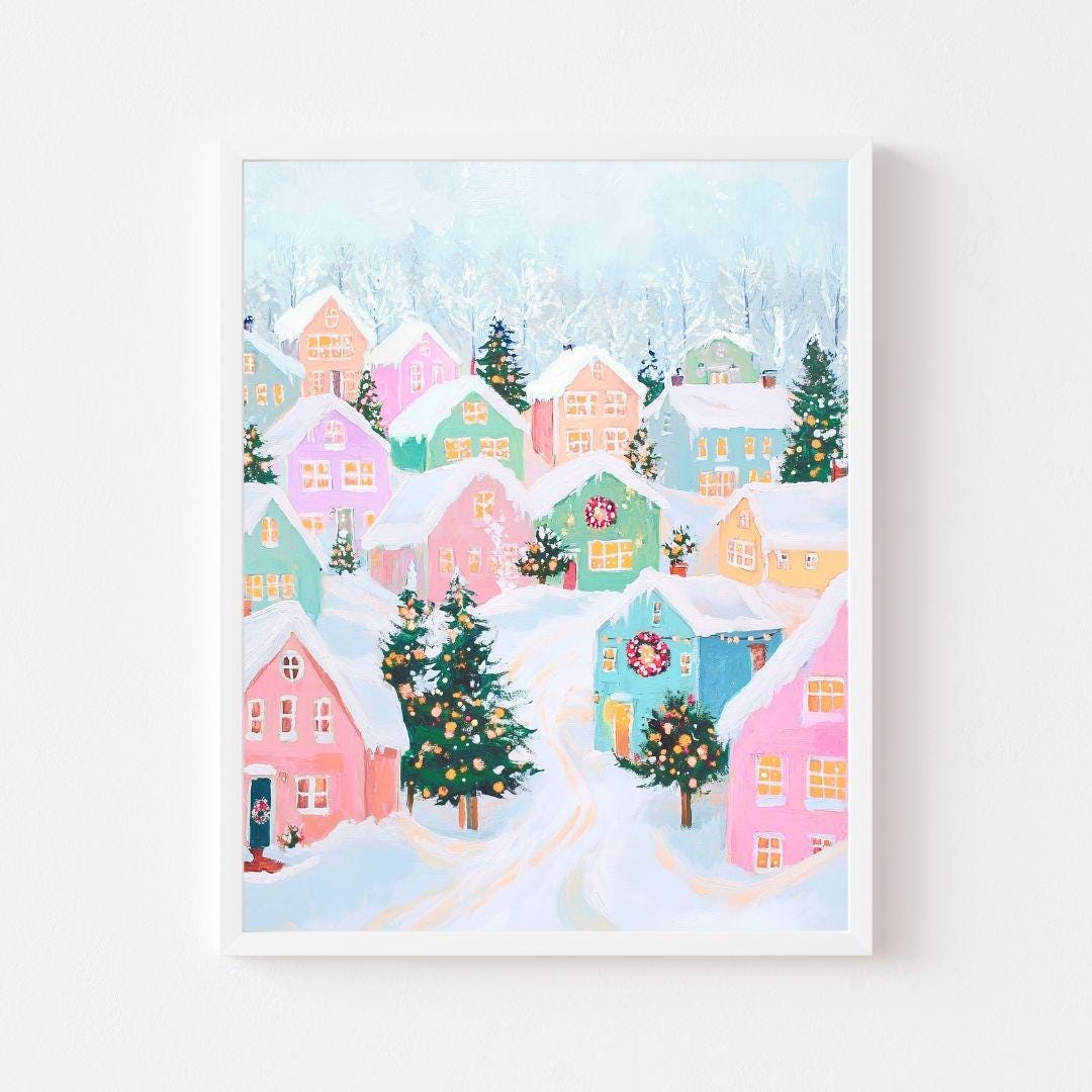 Pastel Christmas Village Painting: Snowy Winter Town Art (digital