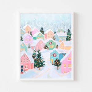 Pastel Christmas Village Painting: Snowy Winter Town Art (Digital Download)