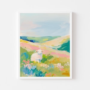 May include: A framed art print depicting a white lamb in a vibrant meadow. The painting uses expressive brushstrokes in green, pink, yellow, and blue to create a pastoral scene. The lamb is central, set against rolling hills and a bright sky, evoking a sense of calm.