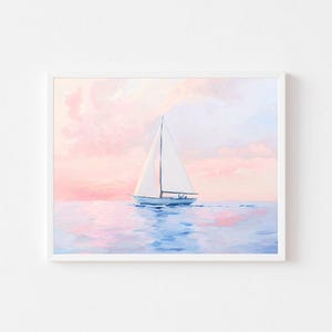 Pink Sunset Sailboat Painting | Pastel Seascape Wall Art Print | Nautical Beach House Printable | Coastal Vintage Boat Digital Download
