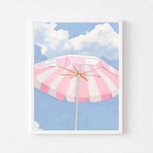 Pink gestreifter Sonnenschirm Kunstdruck: Girly Küsten Dekor (Digitaler Download)