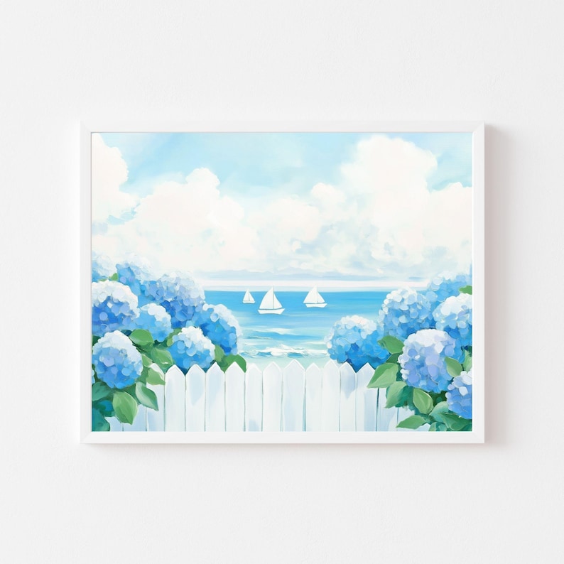 May include: A framed painting depicts a serene coastal scene. Blue hydrangeas frame a white picket fence, with sailboats on the turquoise water under a cloudy sky. The artwork evokes a sense of calm and summer. The painting is in a white frame.