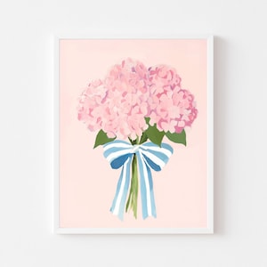 Pink Hydrangeas with Blue Striped Bow Painting | Pastel Bouquet Wall Art Print | Classic Floral Digital Download | Vintage Flower Printable