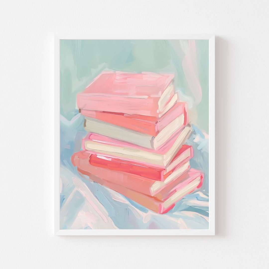 Pink Book Stack Painting: Colorful Library Art Print (digital Download ...