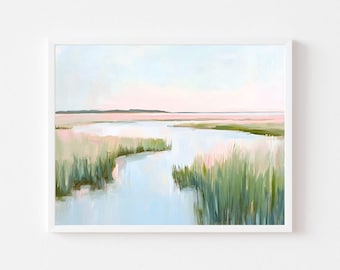 Coastal Marsh Watercolor Art Print: Pink Sunset Landscape (Digital Download)