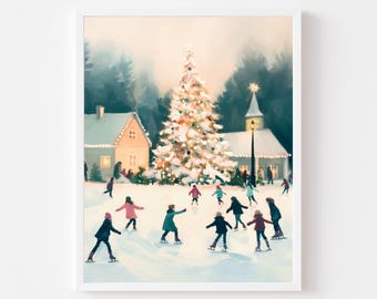 Puede incluir: Una impresión enmarcada de una escena invernal con patinadores. Un gran árbol de Navidad iluminado es el punto central, rodeado de patinadores. Edificios iluminados y un cielo estrellado completan el ambiente festivo.