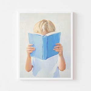 May include: A painting of a child reading a blue book. The child's face is hidden behind the book, and only their blonde hair is visible. The child is wearing a white shirt.