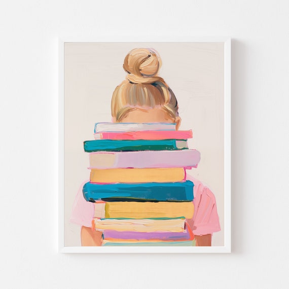 Girl Reading Nook Art Print: Colorful Books, Watercolor Library (Digital Download)
